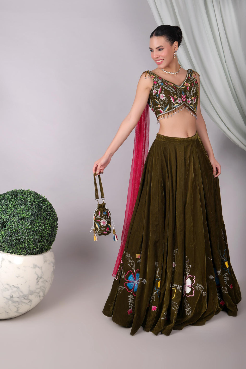 Embroidered Velvet Lehenga Choli Set, Indian Wedding Outfit