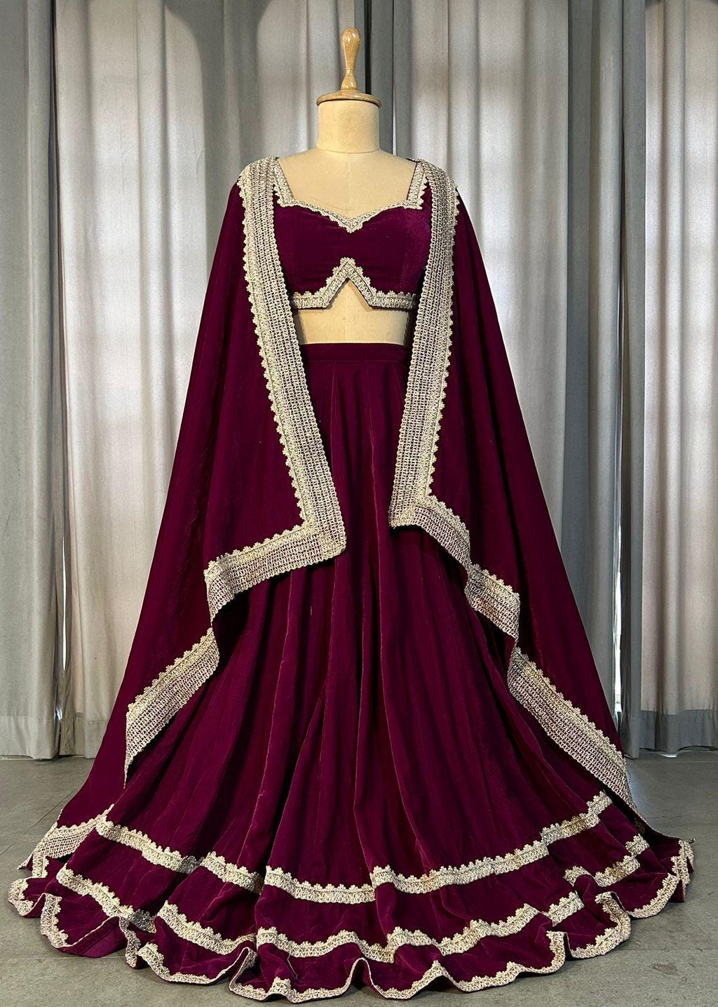 Maroon Velvet Lehenga Choli with Cape, Indian Wedding Outfit