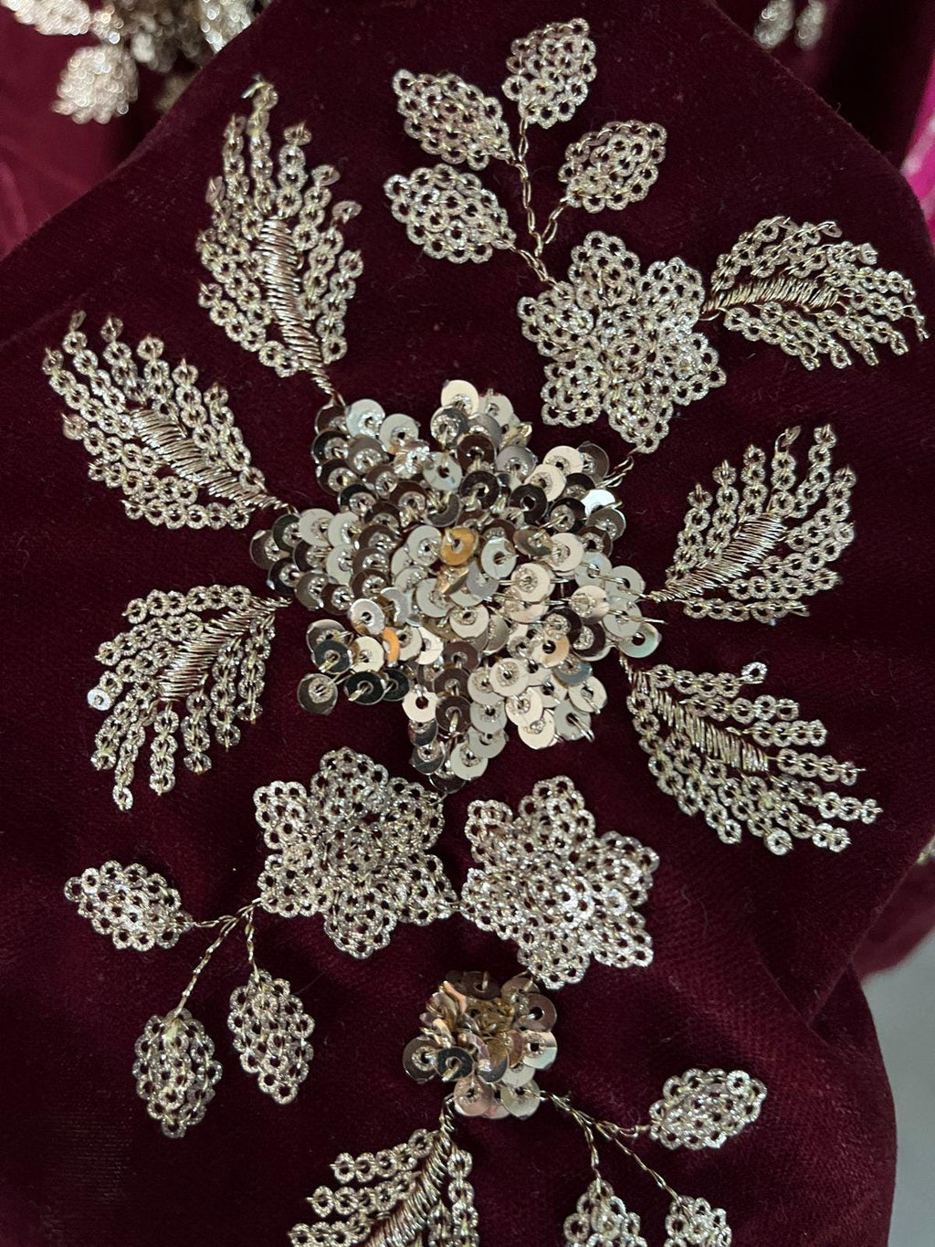 Maroon Velvet Lehenga Choli with Gold Embroidery, Indian Wedding Outfit