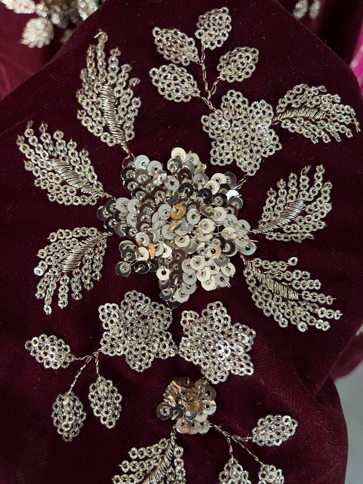 Maroon Velvet Lehenga Choli with Gold Embroidery, Indian Wedding Outfit