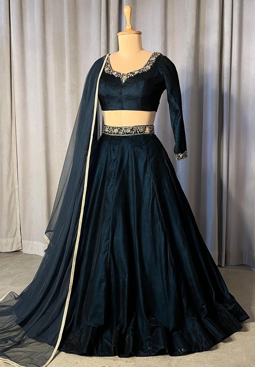Teal blue Velvet Lehenga Choli with Dupatta - Indian Wedding Outfit