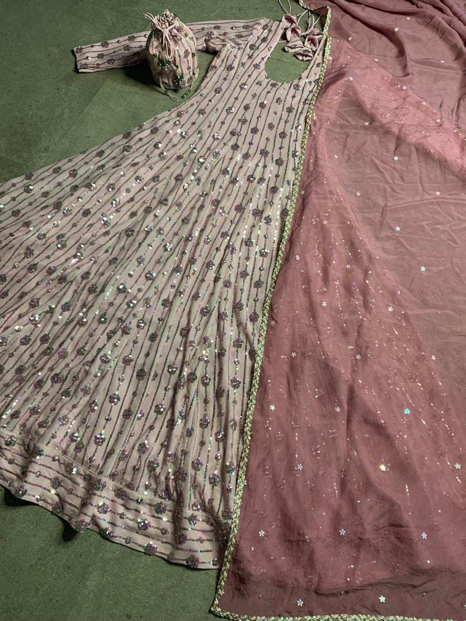 Dusty Rose Sequin Anarkali Suit in Stretch Net, Ready to Wear Indian Wedding Guest Gown, Designer Long Gown with Organza Dupatta and Pyajami