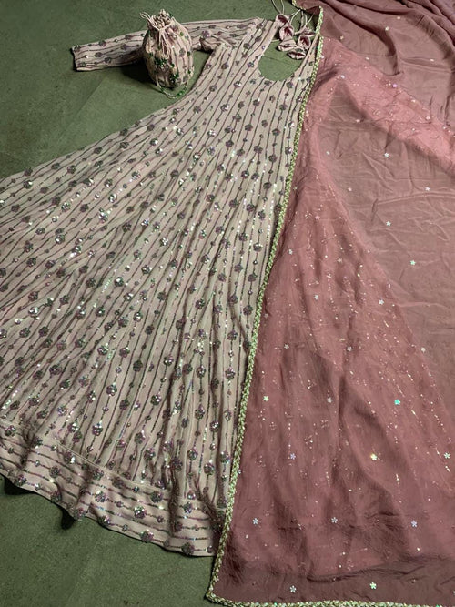 Dusty Rose Sequin Anarkali Suit in Stretch Net, Ready to Wear Indian Wedding Guest Gown, Designer Long Gown with Organza Dupatta and Pyajami