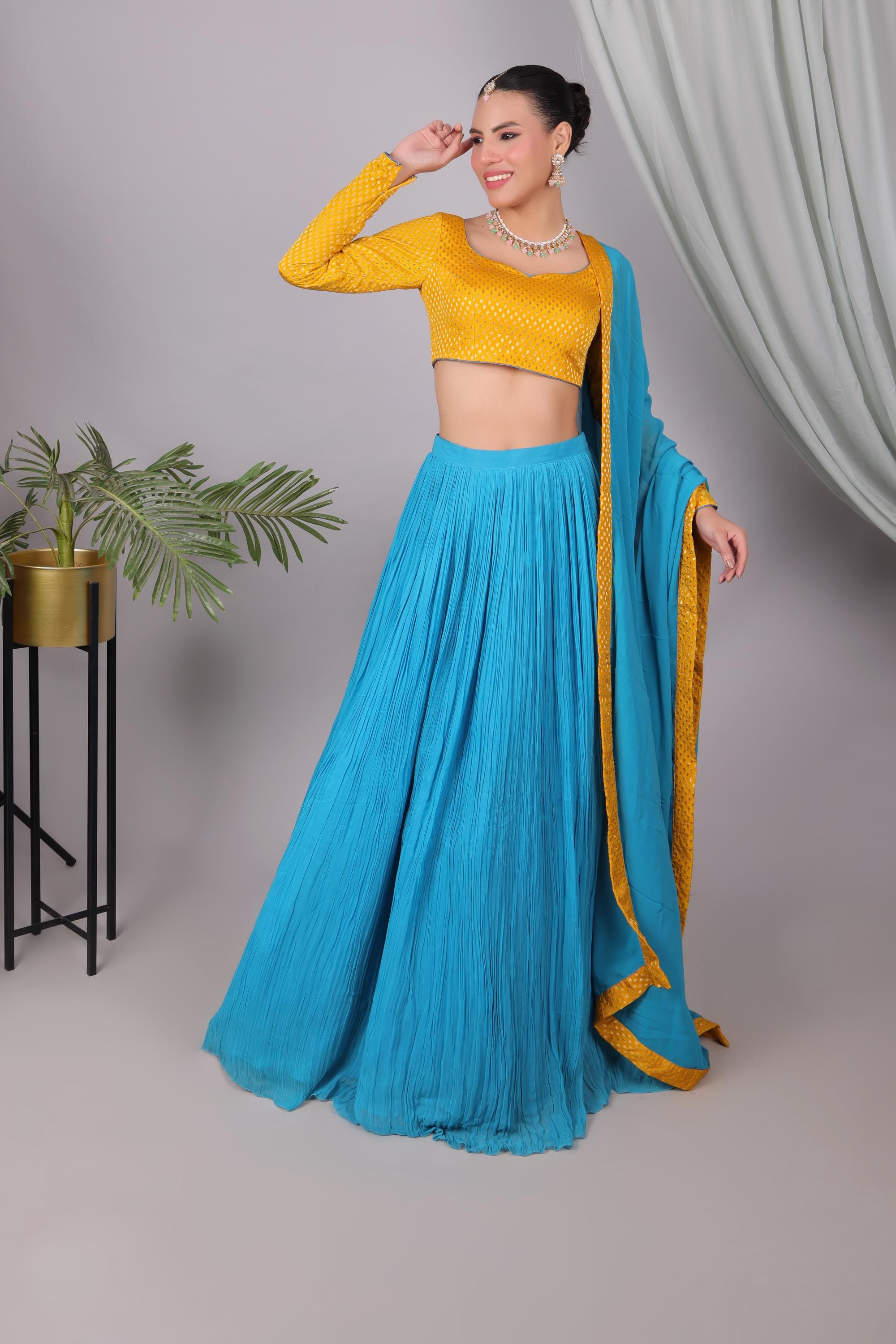 Teal Georgette Lehenga Set, Mustard Border Dupatta, Indian Bridesmaid Outfit