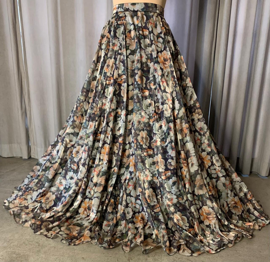 Floral Chiffon Maxi Skirt - Long Flowy Skirt with Train