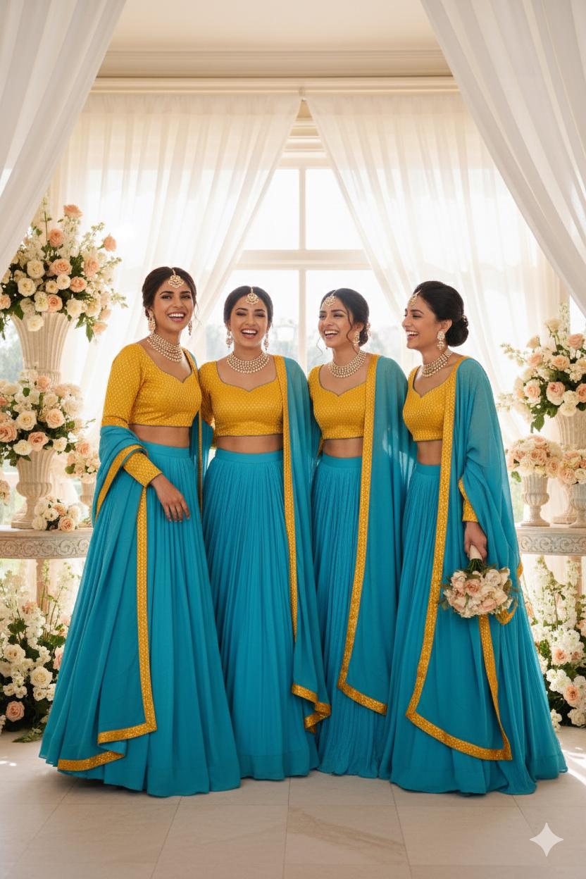 Teal Georgette Lehenga Set, Mustard Border Dupatta, Indian Bridesmaid Outfit