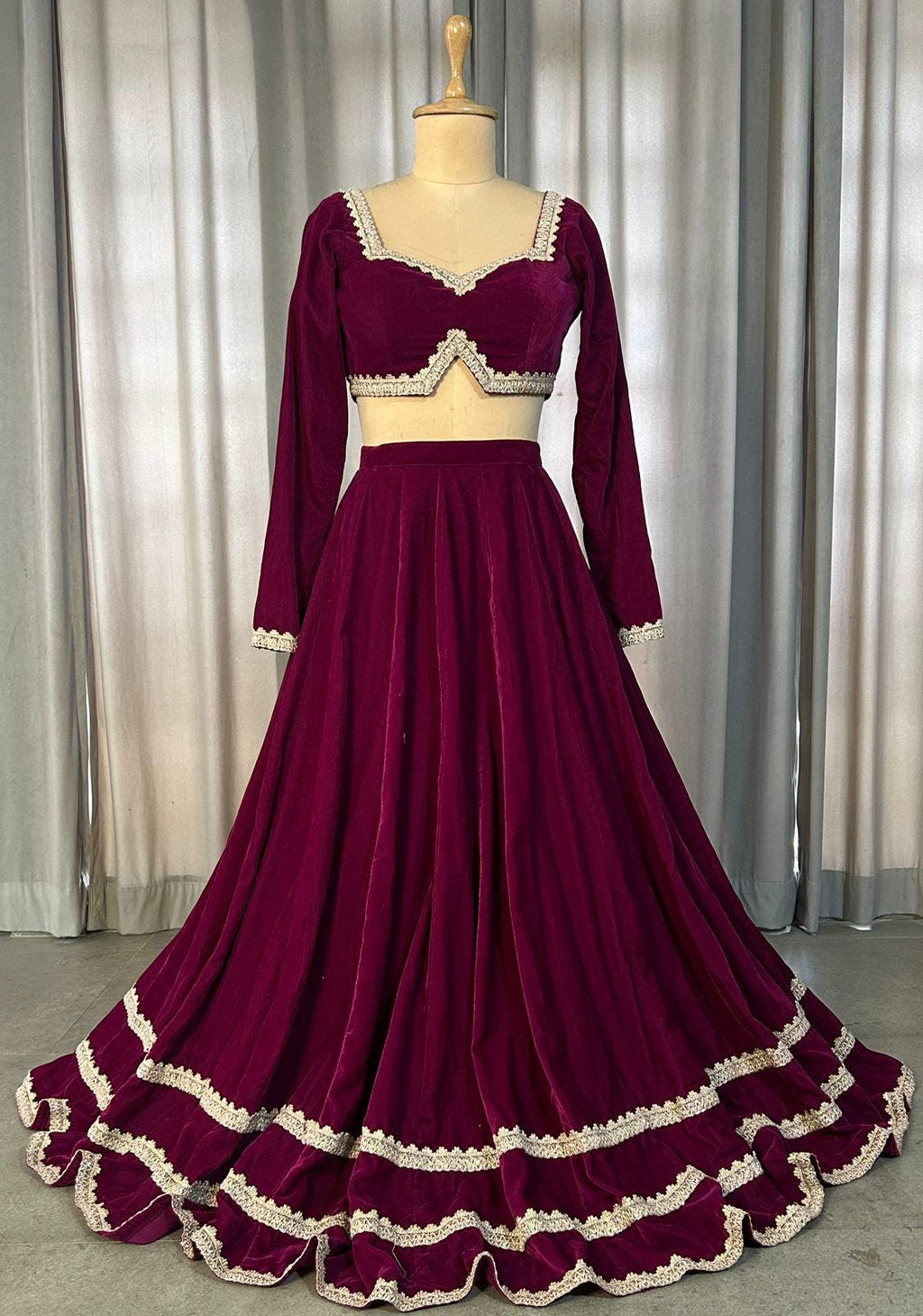 Maroon Velvet Lehenga Choli with Cape, Indian Wedding Outfit