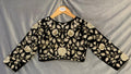 Black Velvet Blouse with Floral Embroidery, Bollywood Style Choli Crop Top