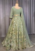 Sage Green Lehenga Choli Set with Dupatta, Indian Wedding Outfit, Floral Brocade Lengha
