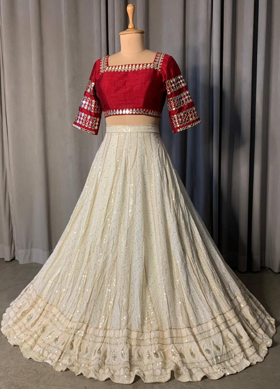 Off-White Georgette Lehenga Choli with Red Raw Silk Mirror Work Blouse, Ready to Wear Indian Wedding Guest Outfit, Stitched Chaniya Choli
