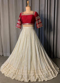 Off-White Georgette Lehenga Choli with Red Raw Silk Mirror Work Blouse, Ready to Wear Indian Wedding Guest Outfit, Stitched Chaniya Choli