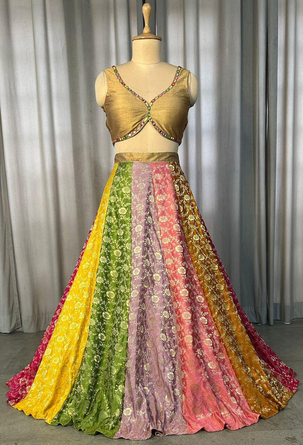 Multicolor Brocade Lehenga Set, Handworked Raw Silk Blouse, Georgette Dupatta