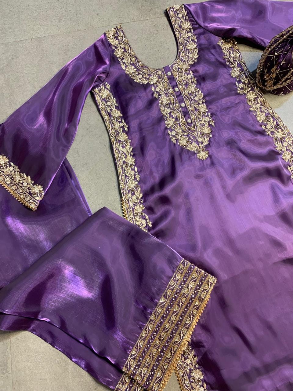Purple Jimmy Choo Fabric Kurta Set, Hand Embroidered Palazzo Suit with Organza Dupatta, Monotone Indian Wedding Guest Outfit, Stitched Suit