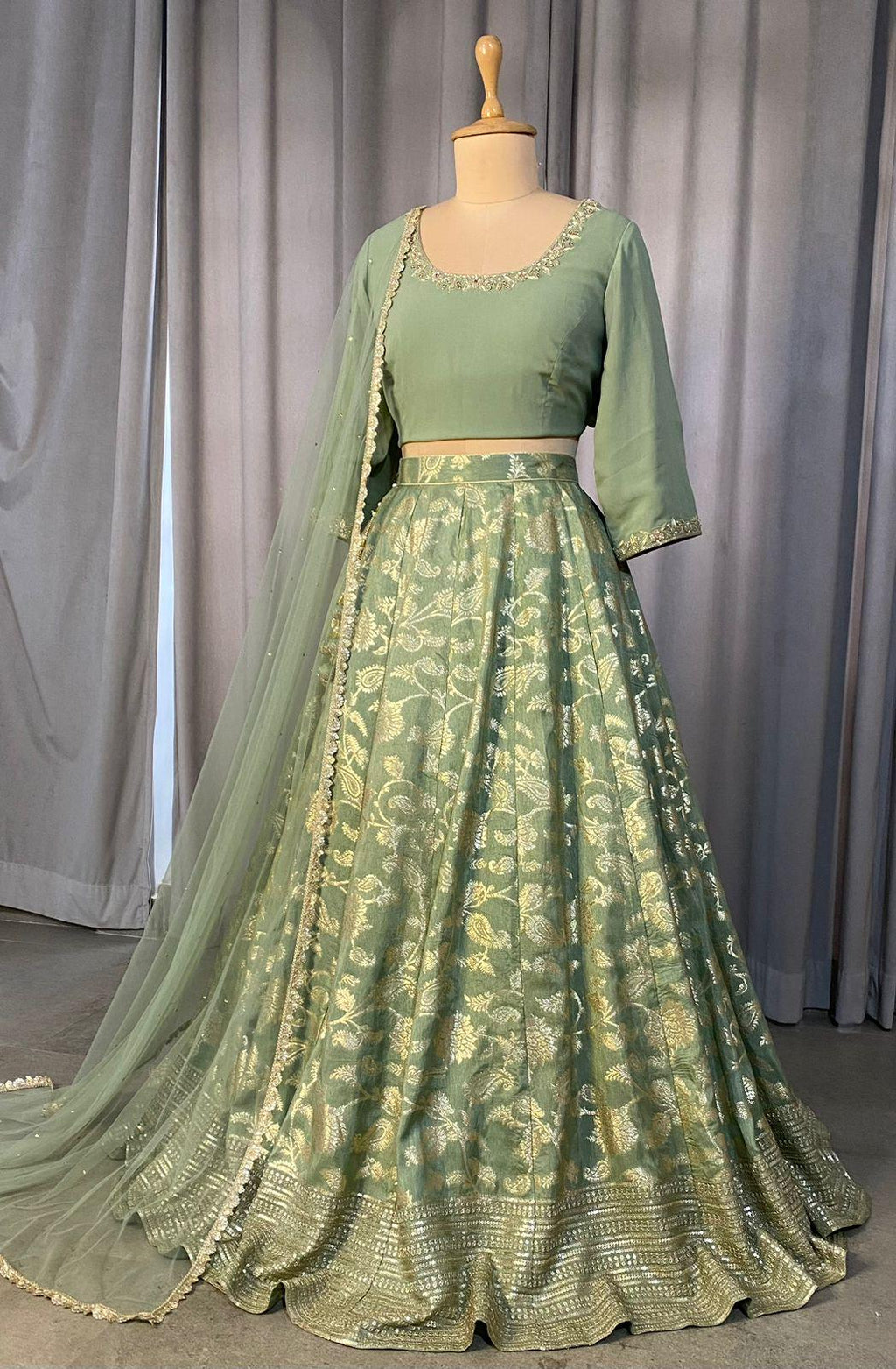Sage Green Lehenga Choli Set with Dupatta, Indian Wedding Outfit, Floral Brocade Lengha
