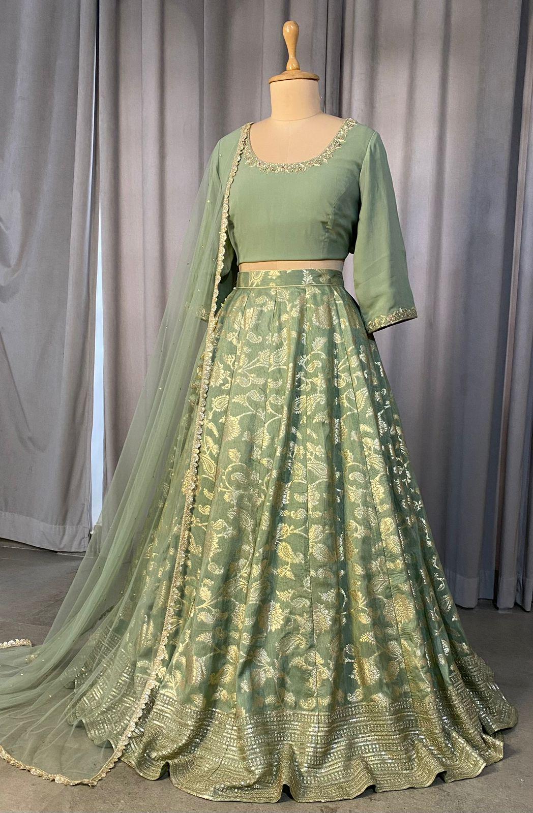 Sage Green Lehenga Choli Set with Dupatta, Indian Wedding Outfit, Floral Brocade Lengha