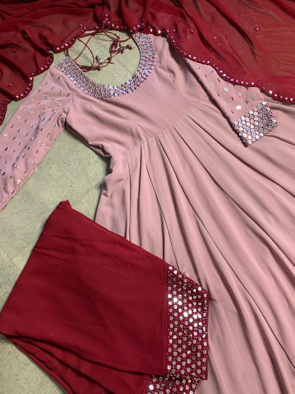Anarkali Gown with Dupatta, Mirror Work Indian Dress, Women's Salwar Kameez