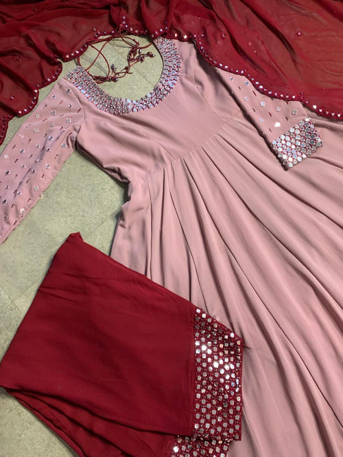 Anarkali Gown with Dupatta, Mirror Work Indian Dress, Women's Salwar Kameez