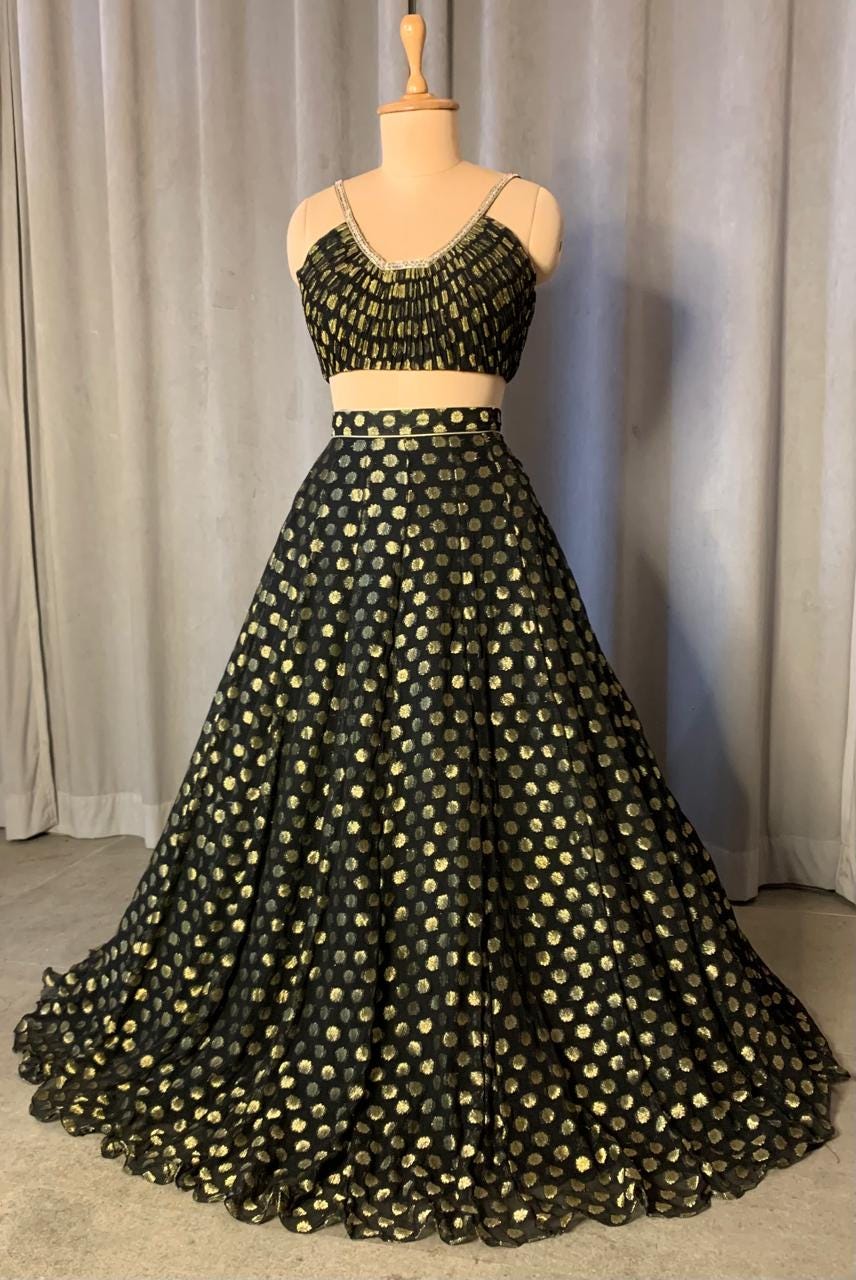 Black Brocade Georgette Lehenga Set, Embroidered Indian Outfit
