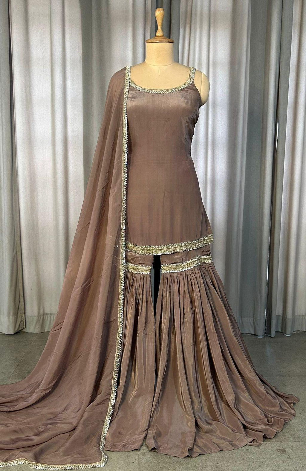 Brown Georgette Sharara Suit - Indian Pakistani Wedding Outfit