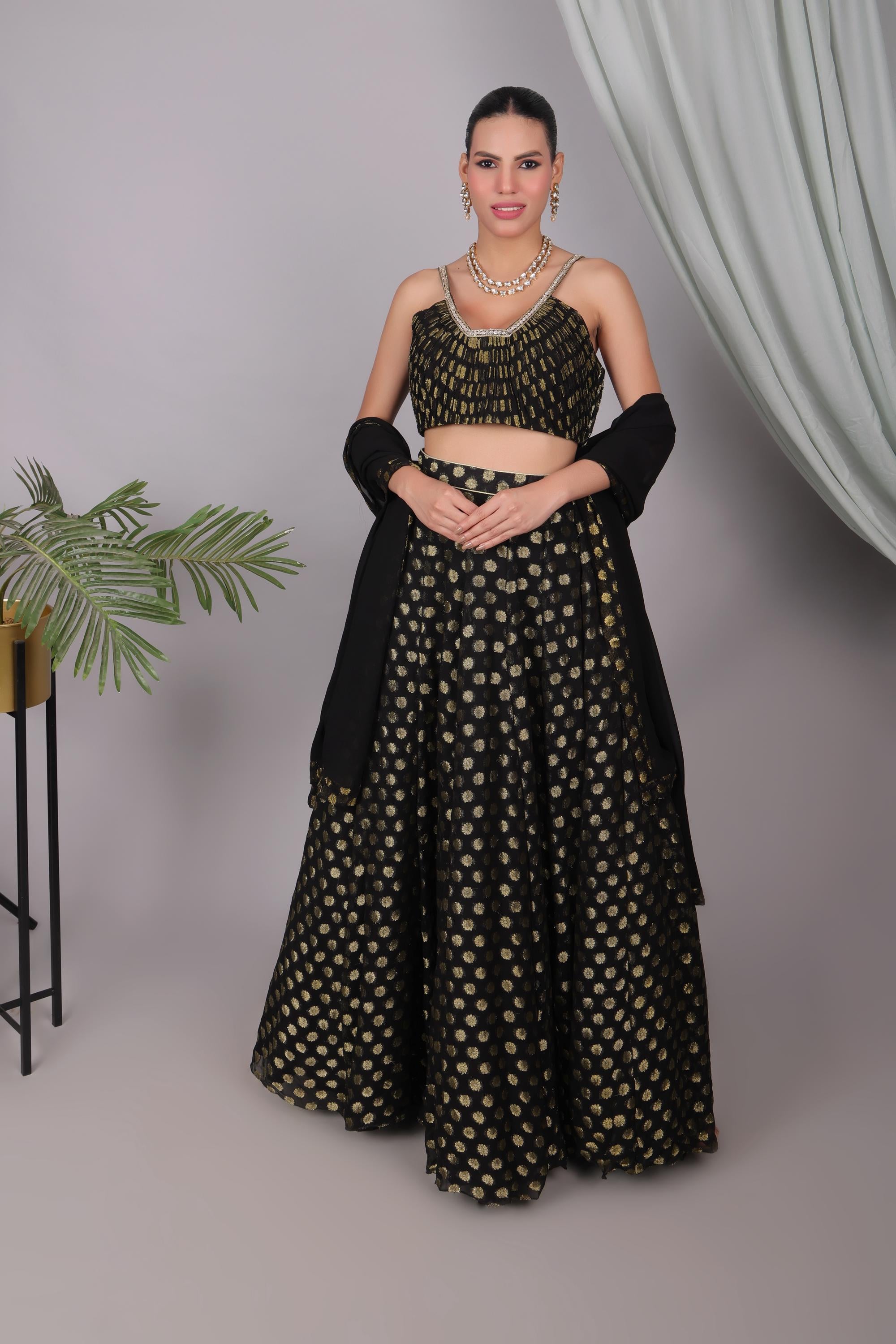 Black Brocade Georgette Lehenga Set, Embroidered Indian Outfit