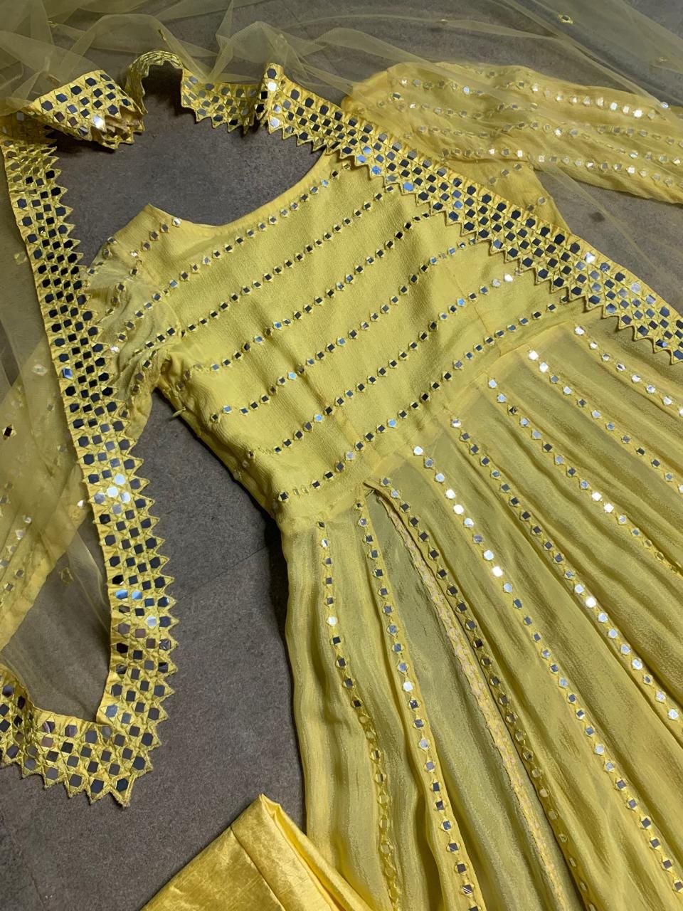 Yellow Mirror Work Anarkali Suit, Georgette Salwar Kameez, Indian Wedding Outfit