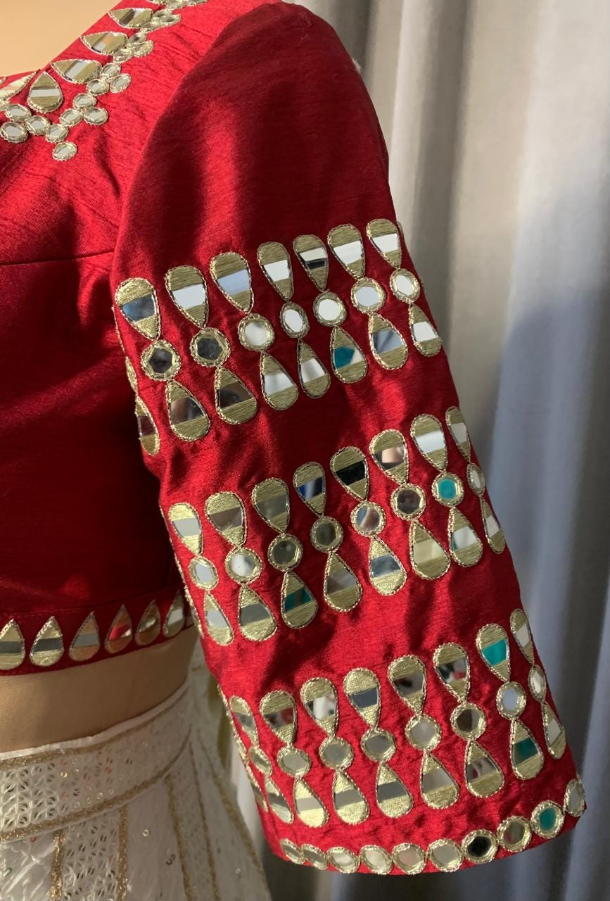 Off-White Georgette Lehenga Choli with Red Raw Silk Mirror Work Blouse, Ready to Wear Indian Wedding Guest Outfit, Stitched Chaniya Choli