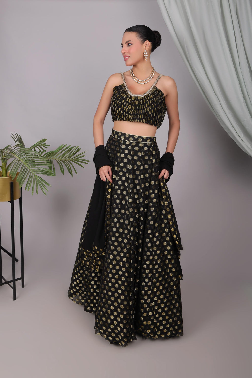 Black & Gold Brocade Lehenga Choli Set - Indian Wedding Outfit