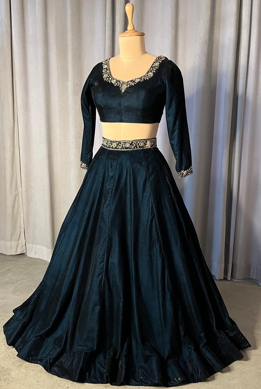 Teal blue Velvet Lehenga Choli with Dupatta - Indian Wedding Outfit