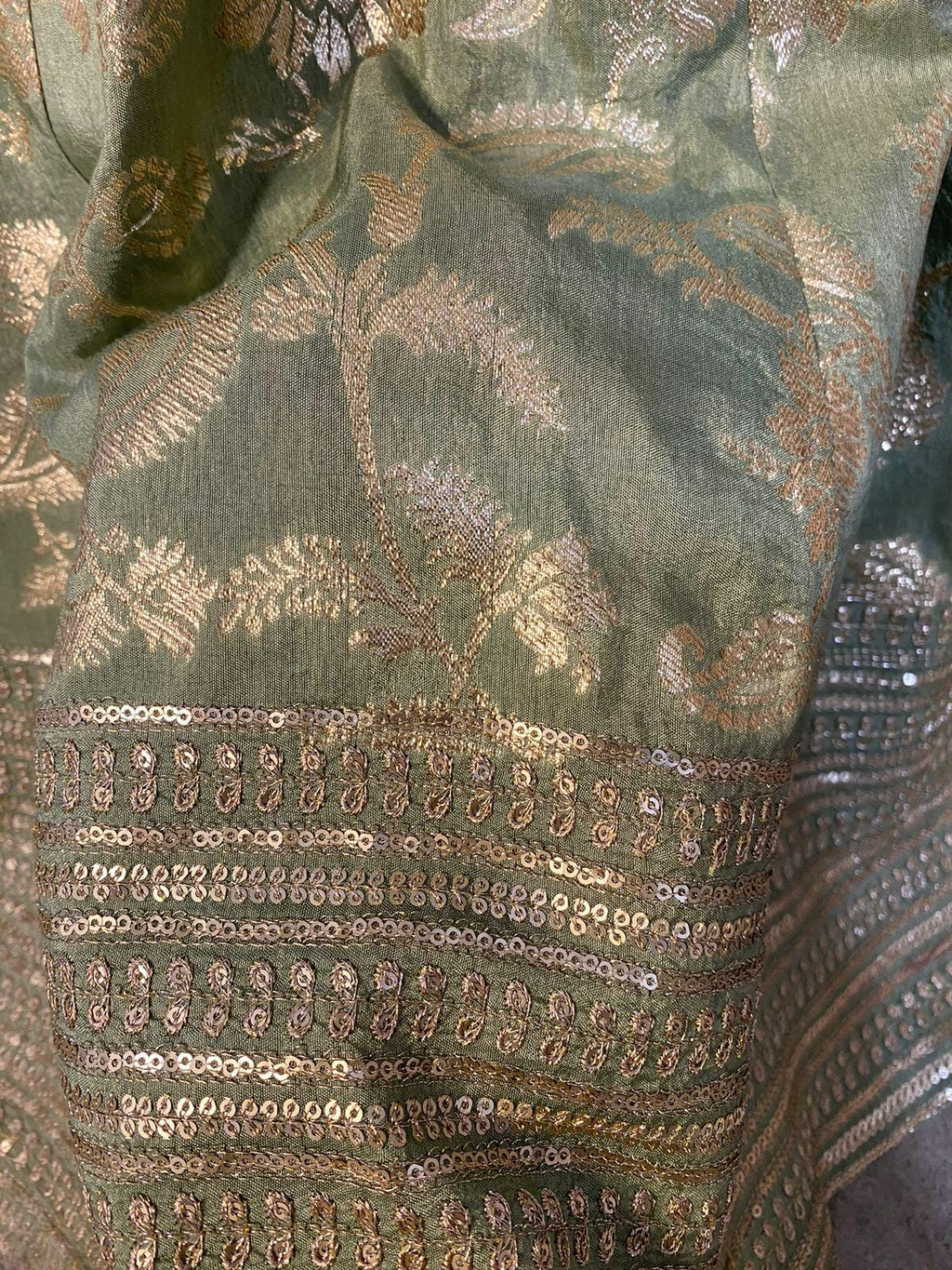 Sage Green Lehenga Choli Set with Dupatta, Indian Wedding Outfit, Floral Brocade Lengha