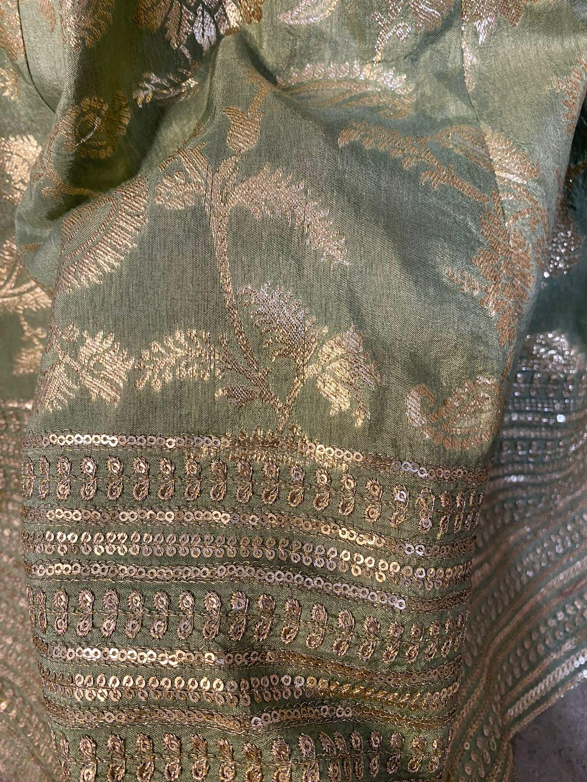 Sage Green Lehenga Choli Set with Dupatta, Indian Wedding Outfit, Floral Brocade Lengha