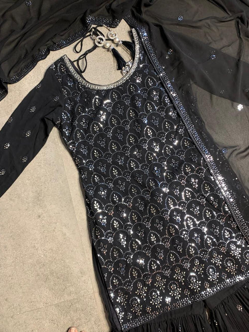 Black Georgette Sequin Embroidered Pakistani Gharara Suit