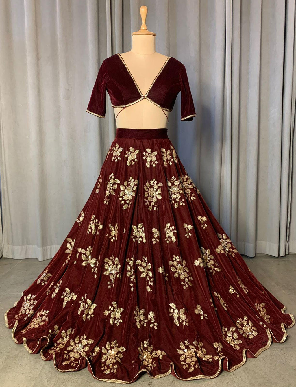 Maroon Velvet Lehenga Choli with Gold Embroidery, Indian Wedding Outfit