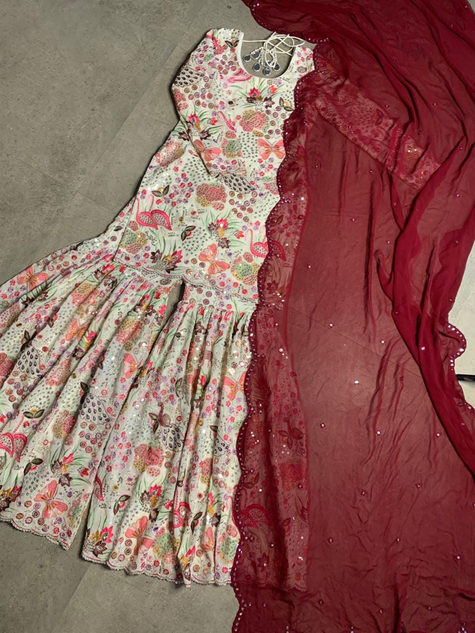 Embroidered Georgette Kurta Gharara Set, Maroon Dupatta, Indian Wedding Outfit