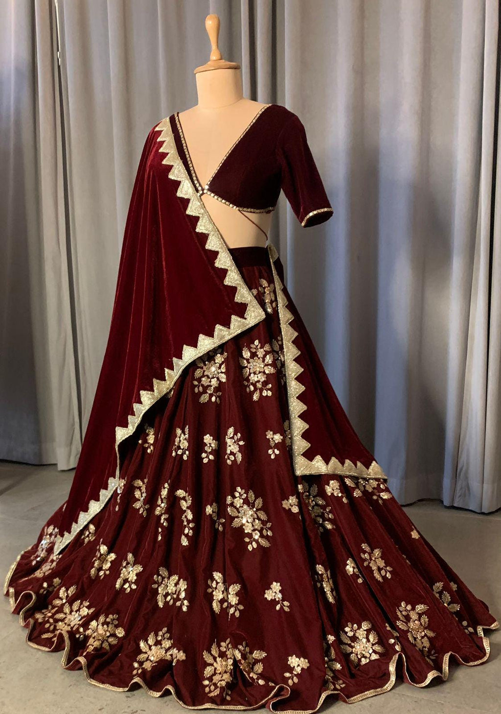 Maroon Velvet Lehenga Choli with Gold Embroidery, Indian Wedding Outfit
