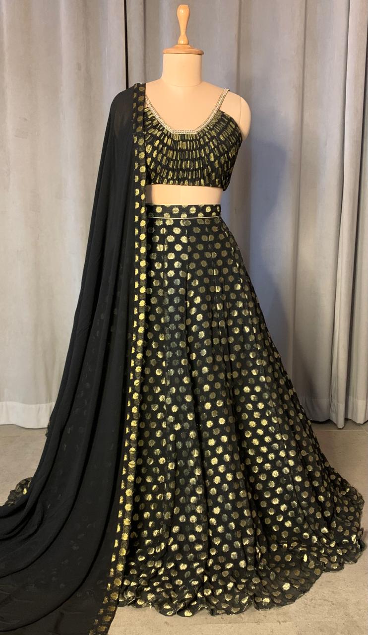 Black Brocade Georgette Lehenga Set, Embroidered Indian Outfit