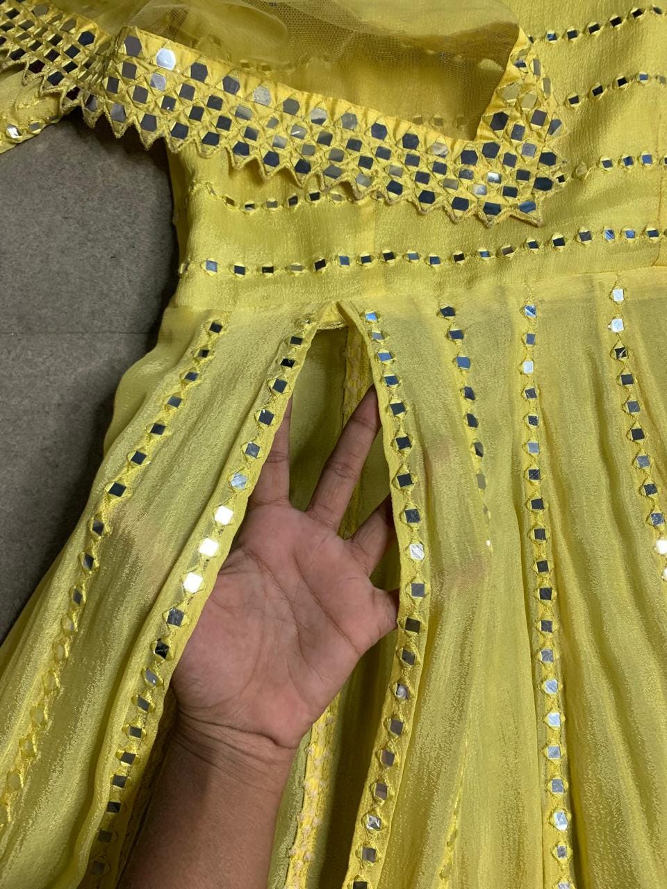 Yellow Mirror Work Anarkali Suit, Georgette Salwar Kameez, Indian Wedding Outfit