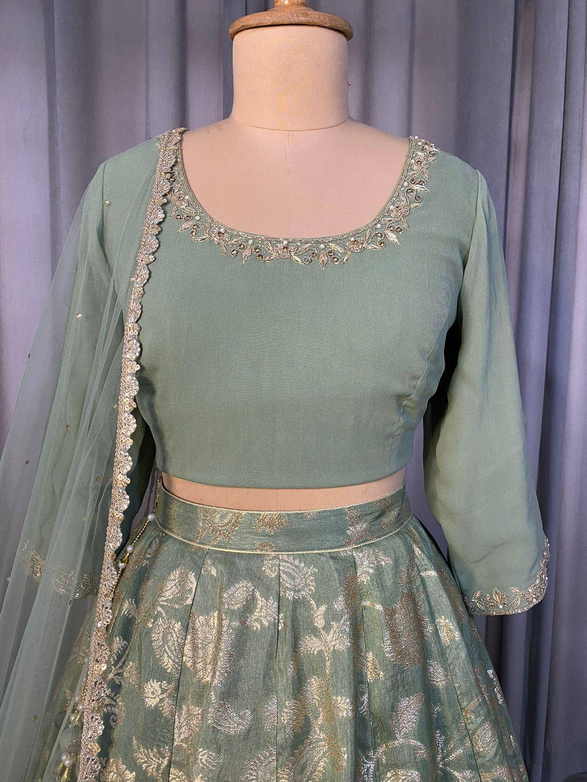 Sage Green Lehenga Choli Set with Dupatta, Indian Wedding Outfit, Floral Brocade Lengha