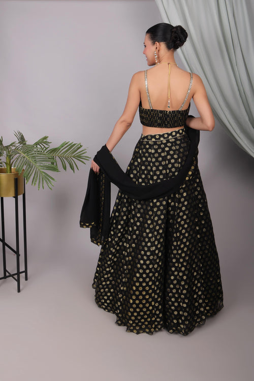 Black Brocade Georgette Lehenga Set, Embroidered Indian Outfit