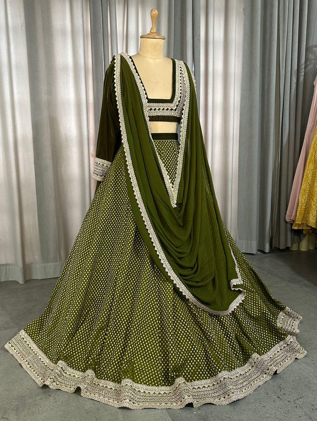 Olive Green Lehenga Choli with Dupatta, Indian Wedding Outfit, Party Wear Lengha