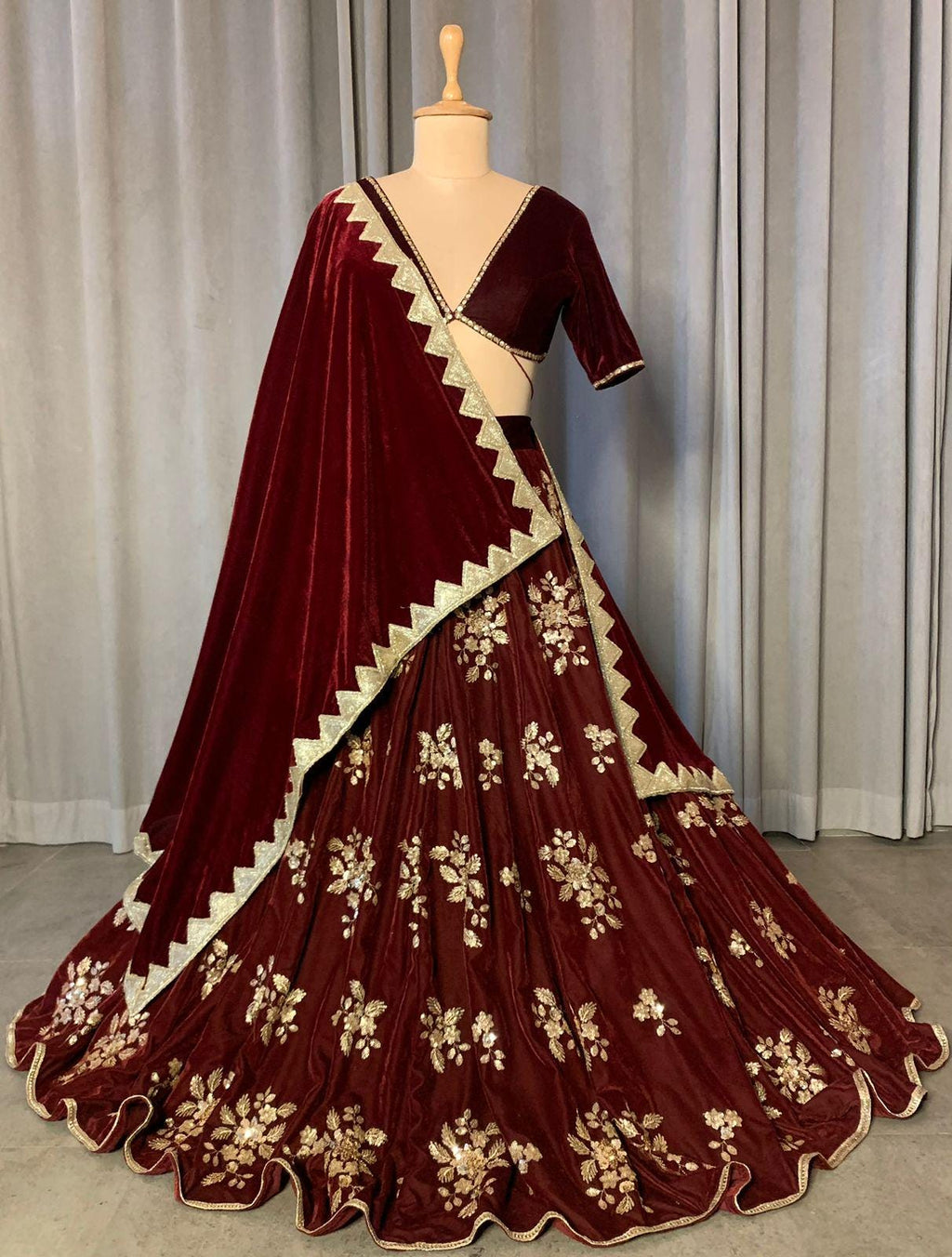 Maroon Velvet Lehenga Choli with Gold Embroidery, Indian Wedding Outfit
