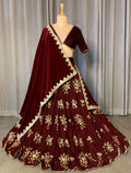 Maroon Velvet Lehenga Choli with Gold Embroidery, Indian Wedding Outfit