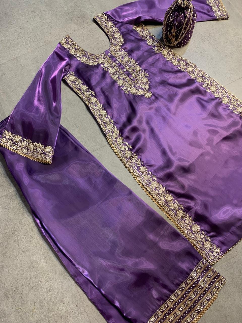Purple Jimmy Choo Fabric Kurta Set, Hand Embroidered Palazzo Suit with Organza Dupatta, Monotone Indian Wedding Guest Outfit, Stitched Suit