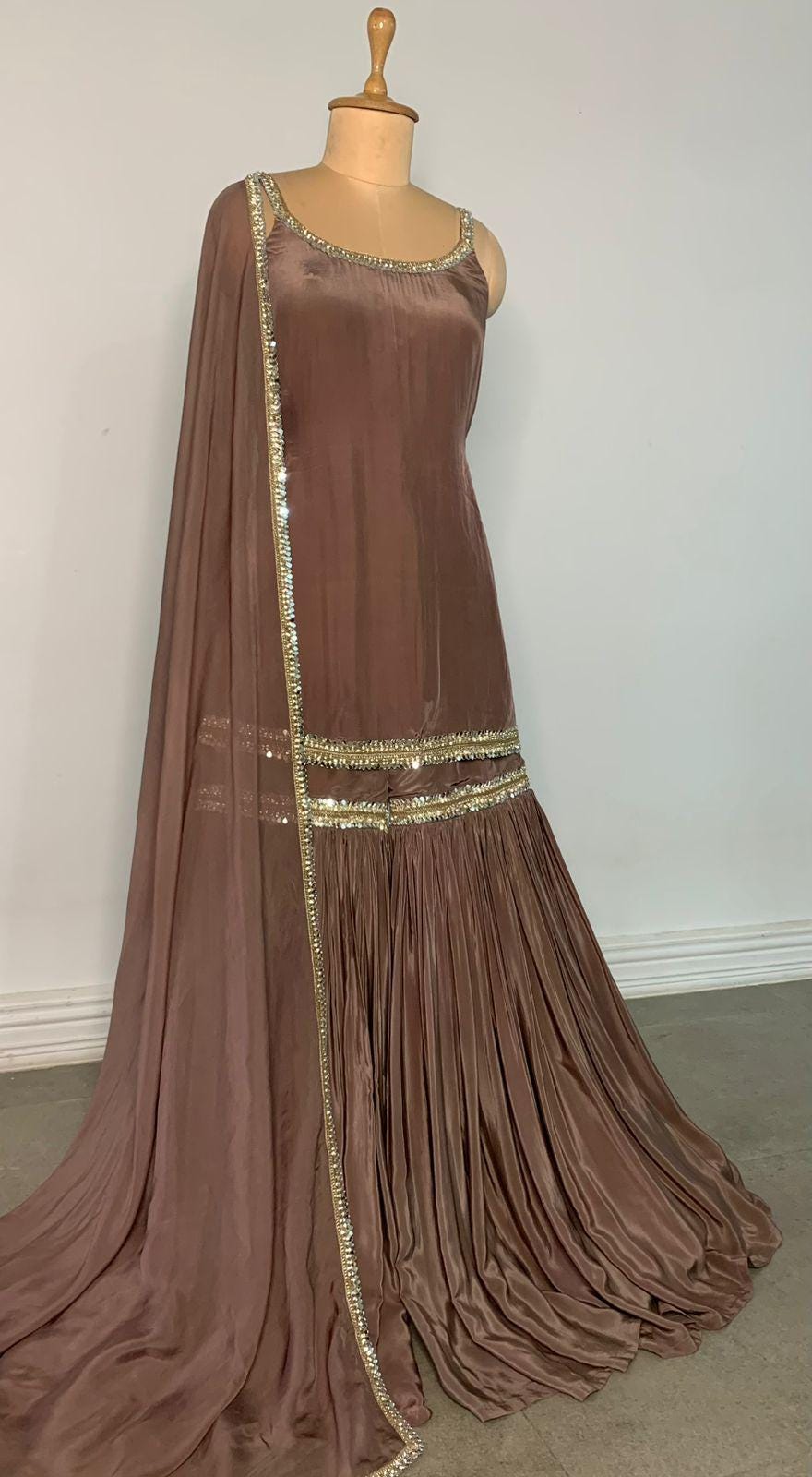 Brown Georgette Sharara Suit - Indian Pakistani Wedding Outfit