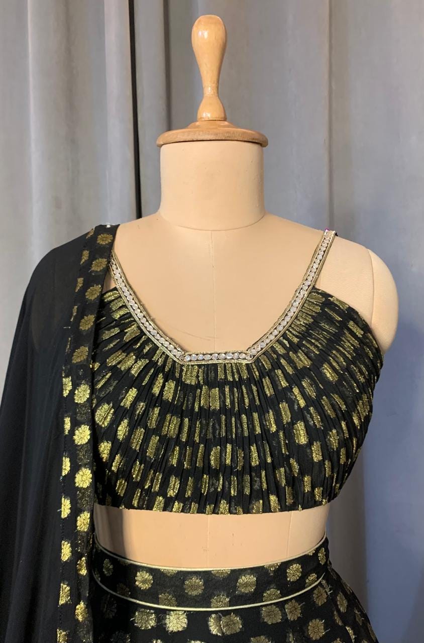 Black & Gold Brocade Lehenga Choli Set - Indian Wedding Outfit