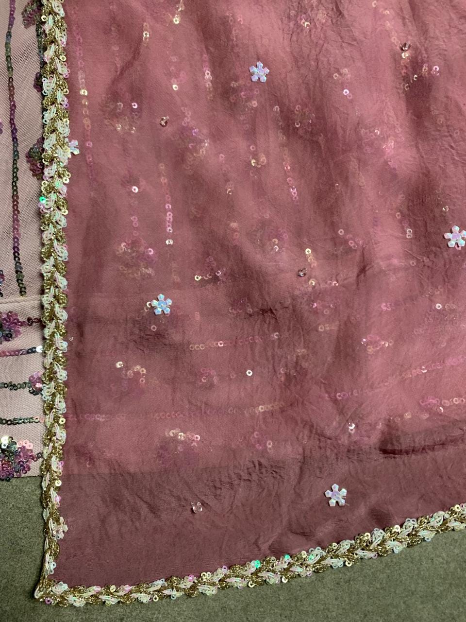 Dusty Rose Sequin Anarkali Suit in Stretch Net, Ready to Wear Indian Wedding Guest Gown, Designer Long Gown with Organza Dupatta and Pyajami