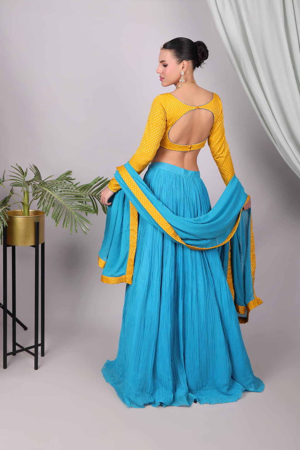 Teal Georgette Lehenga Set, Mustard Border Dupatta, Indian Bridesmaid Outfit