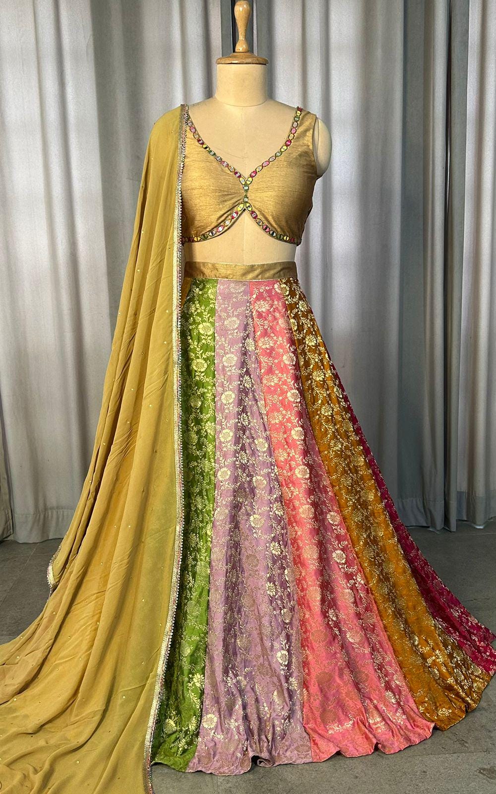 Multicolor Brocade Lehenga Set, Handworked Raw Silk Blouse, Georgette Dupatta