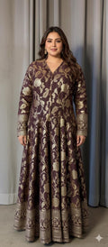Plus Size Mocha Georgette Anarkali Gown, Gold Motif Indian Dress