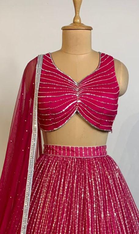 Pink Sequin Lehenga Choli with Dupatta, Indian Wedding Outfit