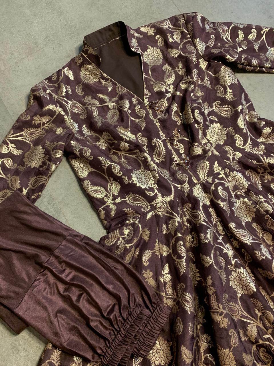 Plus Size Mocha Georgette Anarkali Gown, Gold Motif Indian Dress